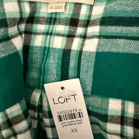 NWT LOFT Green Teal & White Plaid Flannel Shirt - XS - Picture 4 of 6